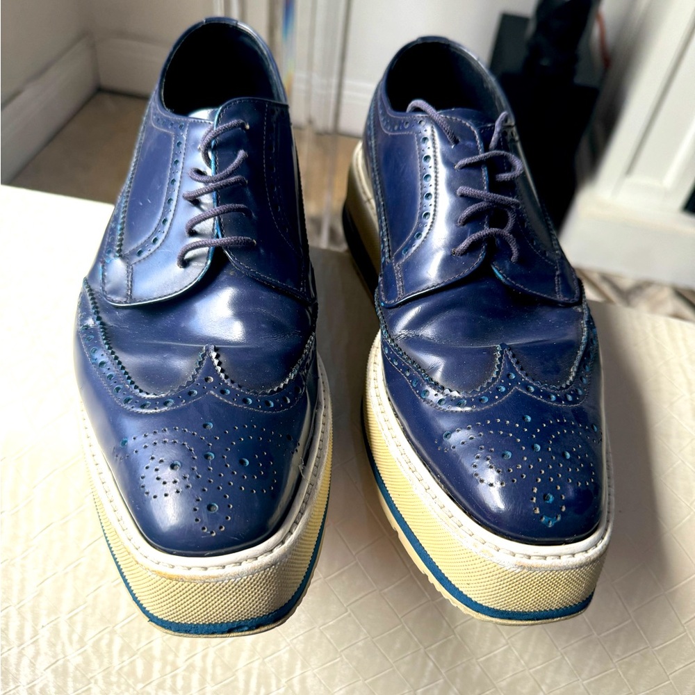 Prada Mens Oxford Wingtip Platform Derby Size US 7 UK 6 Navy Blue